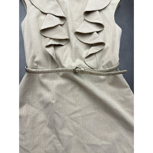 Calvin Klein Pencil Dress Beige Ruffles Sleeveless Gold Belted Preppy Corpcore 4 - Picture 5 of 10